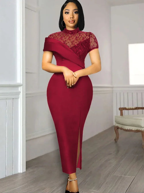 Black Long Prom Dresses High Neck Lace Patchwork Bodycon Women Evening Cocktail