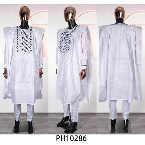 African Clothes for Men Traditional Rich Bazin Original Embroidery White Clothing Men 3 PCS Set Wedding Party Occasion 2024
