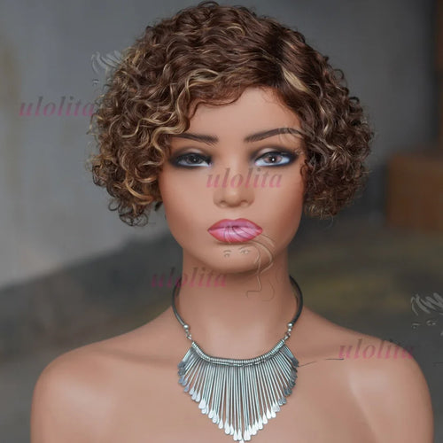 Ombre Blonde T1B27Pixie Cut Short Curly Bob Side Part Non Lace Front 100%
