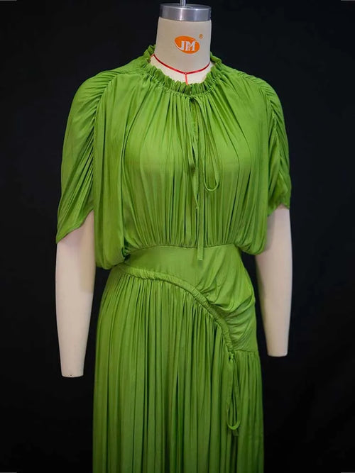 Elegant Olive Green Dress for Women Maxi Summer Dress Waist Draped Straight Type Pleated Party Dress Wholesale Dropshipping