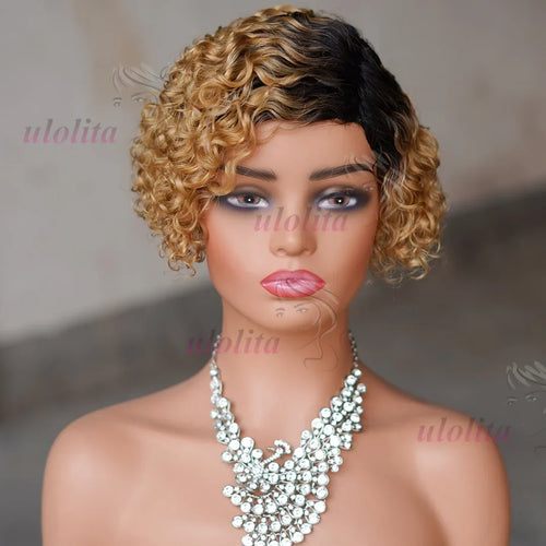 Ombre Blonde T1B27Pixie Cut Short Curly Bob Side Part Non Lace Front 100%