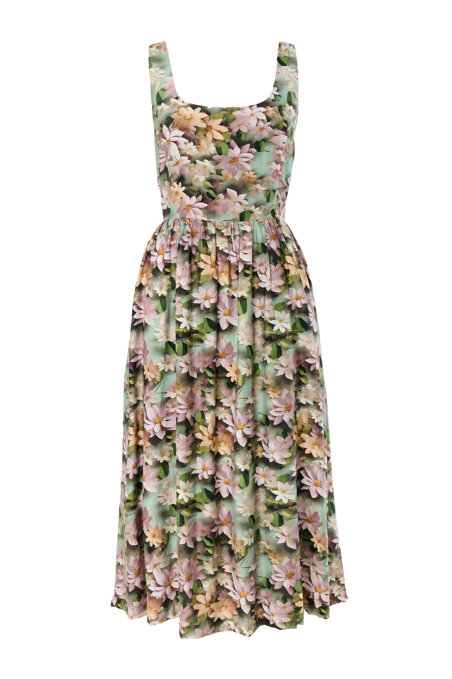 Sherazade 3D Daisy Print Square Neck  Midi Dress - Green