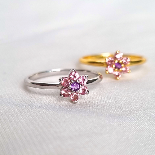 Pink Tourmaline and Amethyst Flower Ring in Sterling Silver