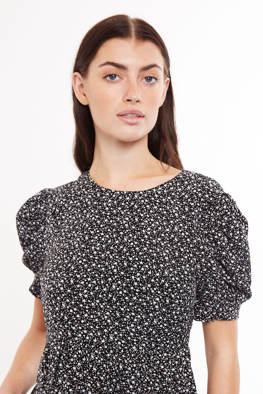 Louche Stasia Night Flower Print Statement Sleeve Midi Dress