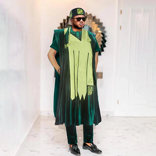 African Clothes for Men Clothing High-Quality Pink Embroidery With Hat Flannelette 3 Pcs Set