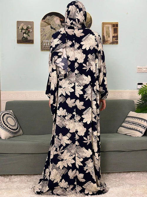 Women's Traditional Floral Ramadan Muslim Cotton Abayas Garment with attached Headscarf