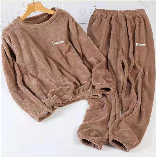 Double-Sided Coral Fleece Pajama Set Thickened Warm Leisure Wear for Autumn Winter Comfortable Polyester Sleepwear