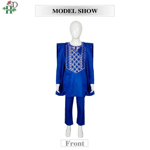 Boys White Blue Long Sleeve Tops Embroidery Dashiki Robe Shirt And Pant Set 3 PCS