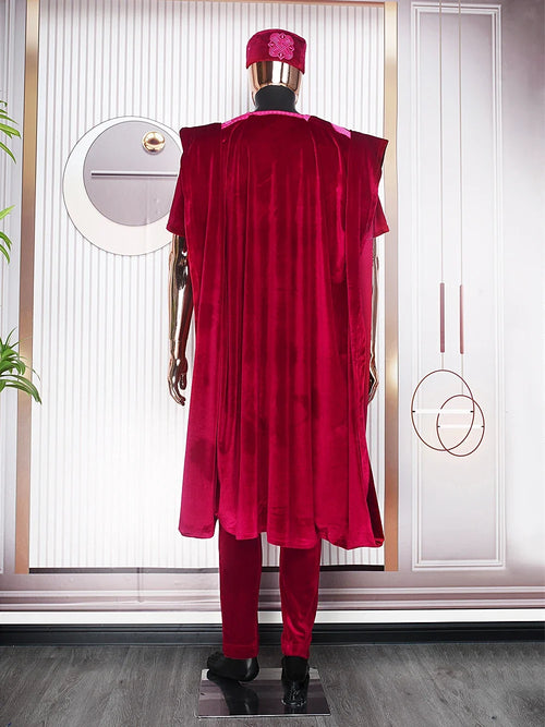 African Clothes for Men Clothing High-Quality Pink Embroidery With Hat Flannelette 3 Pcs Set