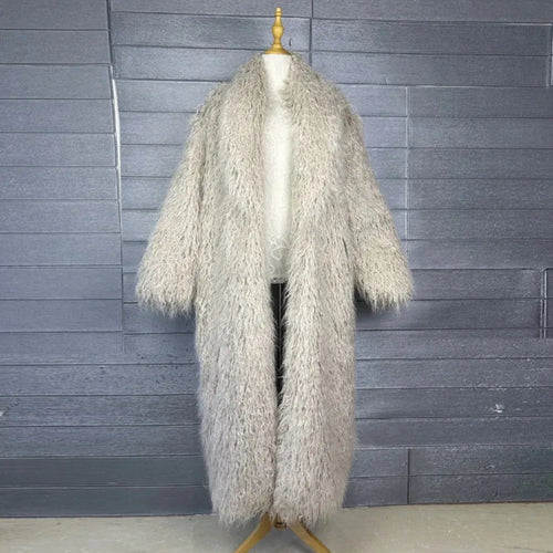 Faux Fur Jacket Women Long Coat Thick Fluffy Winter Warm Shaggy Overcoat Open Stitch Outerwear Turn Down Collar High Street