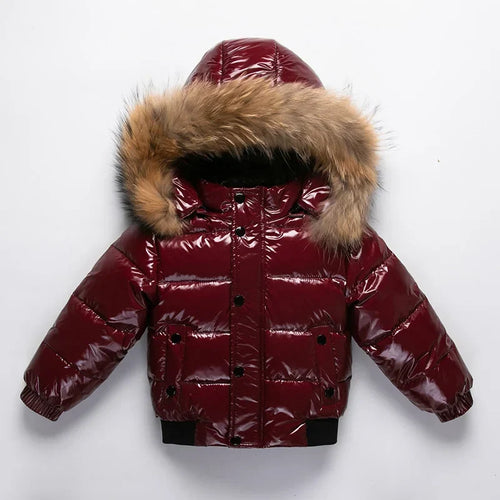 Kids Winter Down Jacket Real Faux Fur Waterproof Shiny Thick Warm Outerwear