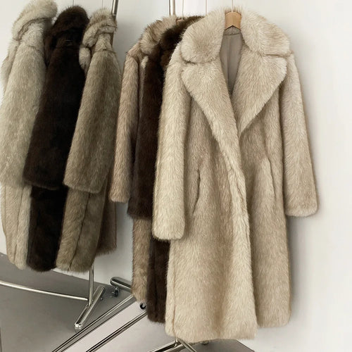 High Quality Long Length Woolen Faux Fur Coat Women's Autumn Winter Elegant Tailored Collar Jacket Non-Mink Fur Coats