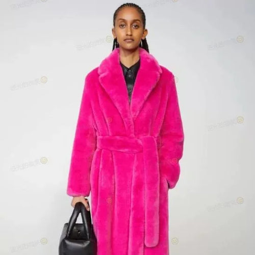 Luxury Lace Up Faux Fur Coat Women Chic Lapel Full Sleeve Fluffy Loose Warm Long Jacket Lady Winter Daily Highstreet Outerwears
