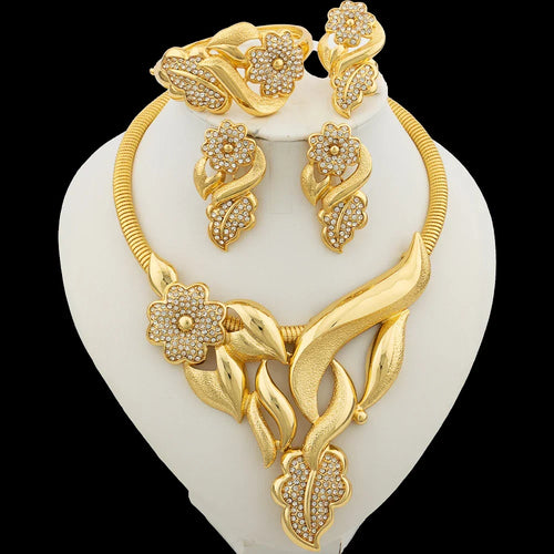 Luxury Flower Design Jewelry Set for Women, Gold Color Big Pendant Necklace and