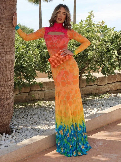 kliou Mesh Panelled Women Maxi Dress Sexy Stunning Point Print Full Sleeve O-neck Sheath Robe Mujer Hipster Festival Party Frock