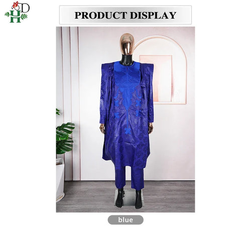Men's African Traditional 3PCS Outfit  Blue Bazin Riche Agbada Embroidered Robe