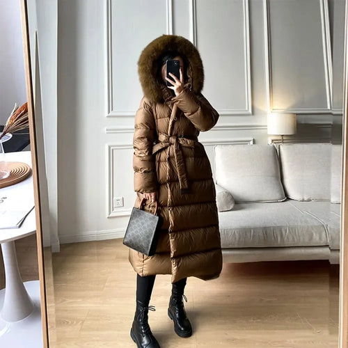 Winter Women's Ultra Light Warm Faux Fur Parka with Hooded Long Duck down Jacket White with Fur Collar Casual Snow Coat