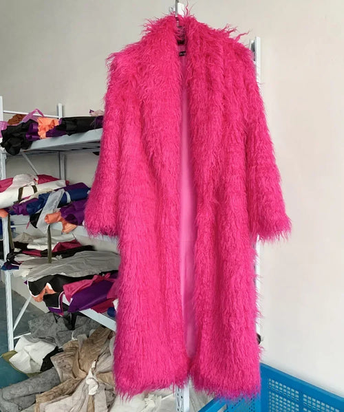 Faux Fur Jacket Women Long Coat Thick Fluffy Winter Warm Shaggy Overcoat Open Stitch Outerwear Turn Down Collar High Street