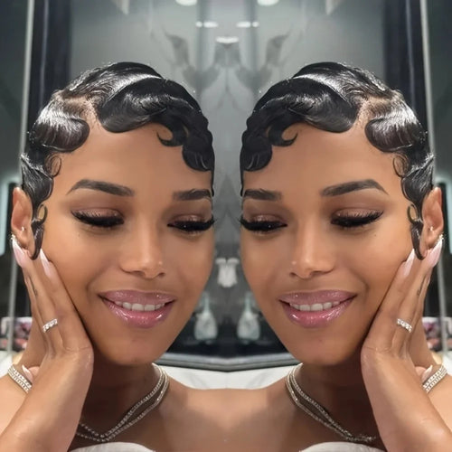 Finger Wave Brazilian Remy Human Hair 13x4 Lace Front Wig 180% Density Pixie Cut for Natural Look  Black 99j wig