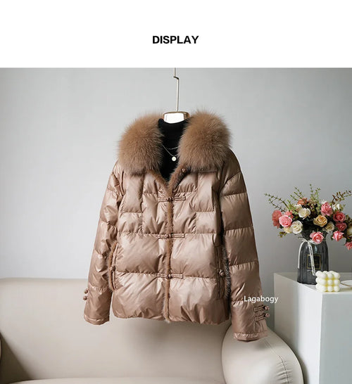 Women's White Duck down Jacket 2025 Winter Collection Real Faux Fur Collar Hair Puffer Coat Vintage Street wear