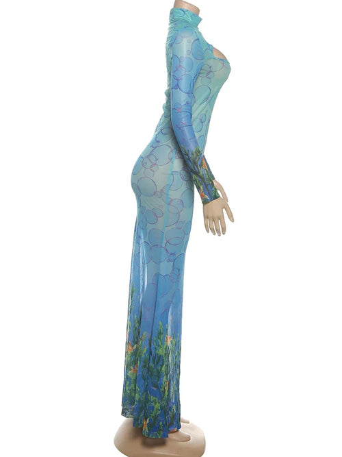 kliou Mesh Panelled Women Maxi Dress Sexy Stunning Point Print Full Sleeve O-neck Sheath Robe Mujer Hipster Festival Party Frock