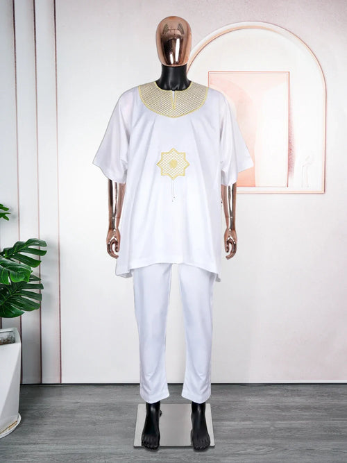 African Clothes for Men 2 Pieces Set Blue Embroidered Tops and Pants Traditional Clothing Rich Bazin