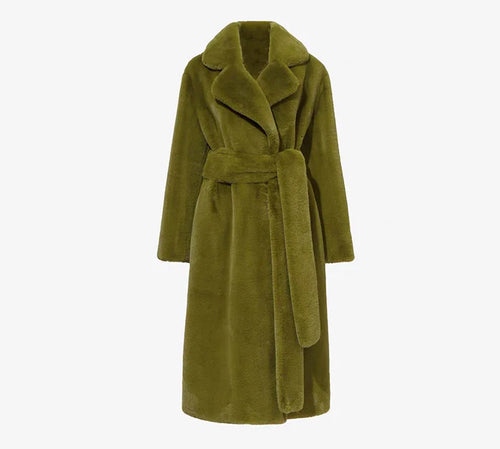 Luxury Lace Up Faux Fur Coat Women Chic Lapel Full Sleeve Fluffy Loose Warm Long Jacket Lady Winter Daily Highstreet Outerwears