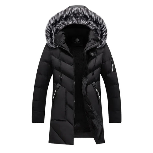 Men's Winter Thick Cotton Parka Casual Long Coat with Removable Hat Slim Fit Warm And Comfortable