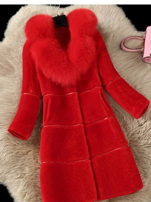 Women's Elegant Imitation Faux Fur Collar Warm Coat Fashion Plush V-Neck Button Detail