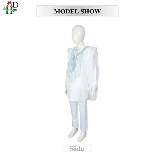 Boys White Blue Long Sleeve Tops Embroidery Dashiki Robe Shirt And Pant Set 3 PCS