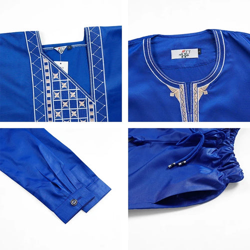 Boys White Blue Long Sleeve Tops Embroidery Dashiki Robe Shirt And Pant Set 3 PCS