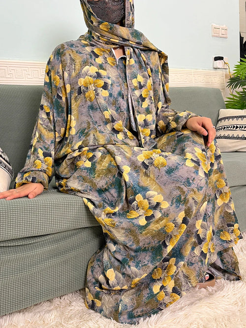Women's Traditional Floral Ramadan Muslim Cotton Abayas Garment with attached Headscarf