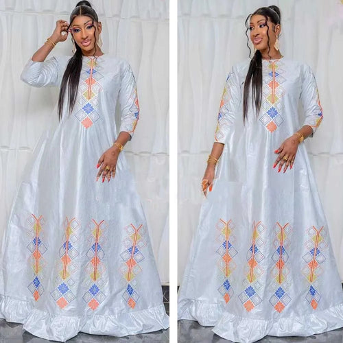Women's Bazin Riche Long Dresses For Traditional Wedding Party and Evening Gowns White
