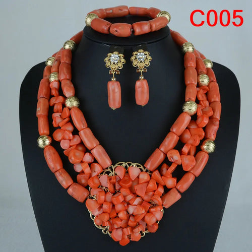 Latest Coral Jewelry Sets Nigerian Dubai Orange Necklace Sets of Beads African