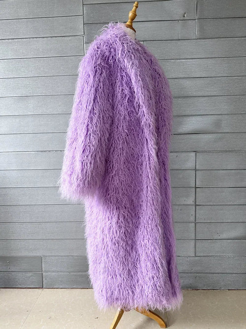 Faux Fur Jacket Women Long Coat Thick Fluffy Winter Warm Shaggy Overcoat Open Stitch Outerwear Turn Down Collar High Street