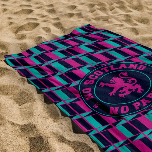 No Scotland No Party - Blue & Pink Retro Pattern - Beach Towel - Microfibre Retro Beach Towel - 150cm x 75cm