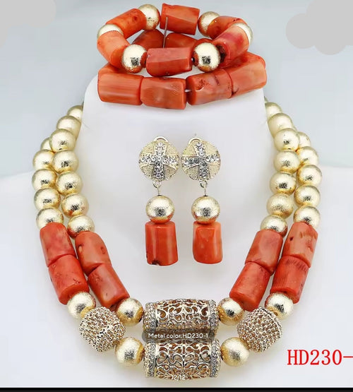 Double Layers Original Coral Nigerian Wedding Beads Jewelry Set Women Coral