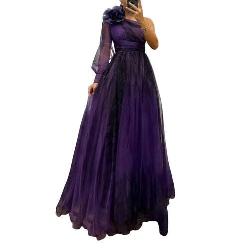 2024 Womens Evening Dress One Shoulder Pleated Pleated Mesh Single Long Sleeve