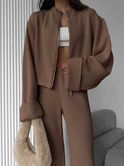 Women's Zip up Jacket And Wide Leg Pants Set Soft Knit Loose Long Sleeve Autumn Winter Casual Sweater Outfit