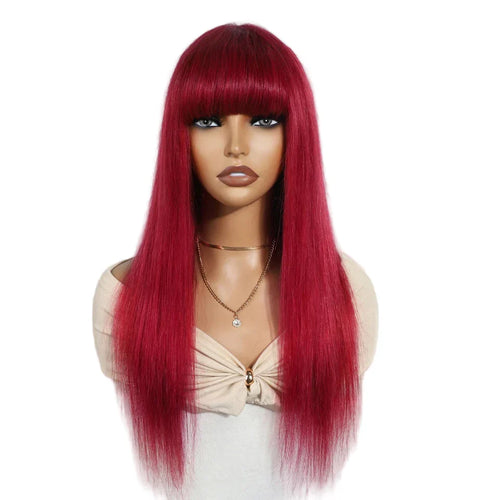 Human Hair Wigs With Bang Brazilian Straight Red Burgundy Human Hair Wigs Brown