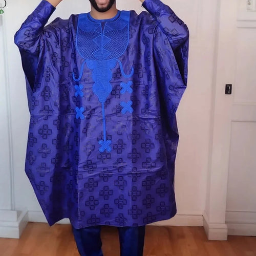 Men's African Traditional 3PCS Outfit  Blue Bazin Riche Agbada Embroidered Robe