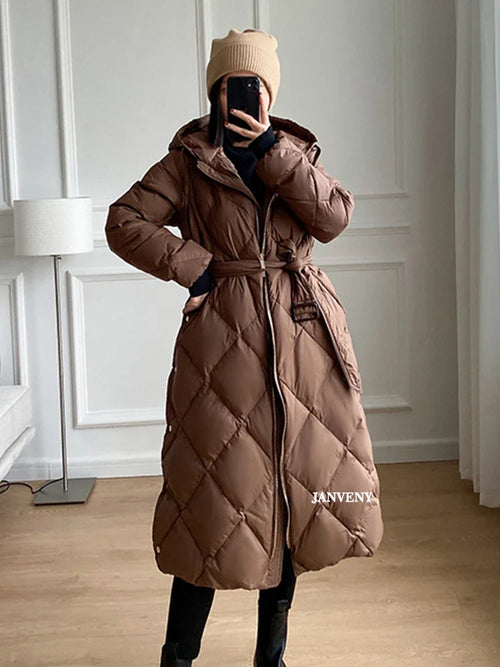 Women's Thickened Warm Hooded Puffer Jacket Winter Duck down Coat Fluffy Long Belted Zipper Closure Casual Style