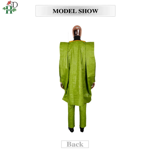 H&D African Clothing For Man Traditional Agbada Sets 3PCS Green Bazin Riche Shirt Pant Embroidery Wedding Party Suits Plus Size