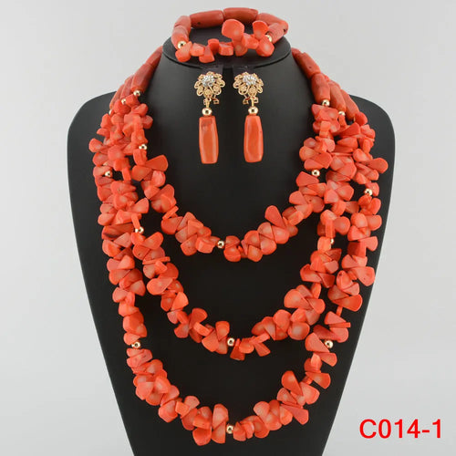 Latest Coral Jewelry Sets Nigerian Dubai Orange Necklace Sets of Beads African