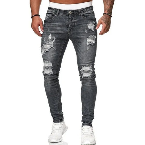 2025 New Fashion Street Style Ripped Skinny Jeans Men Vintage wash Solid Denim