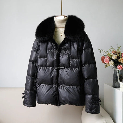 Women's White Duck down Jacket 2025 Winter Collection Real Faux Fur Collar Hair Puffer Coat Vintage Street wear