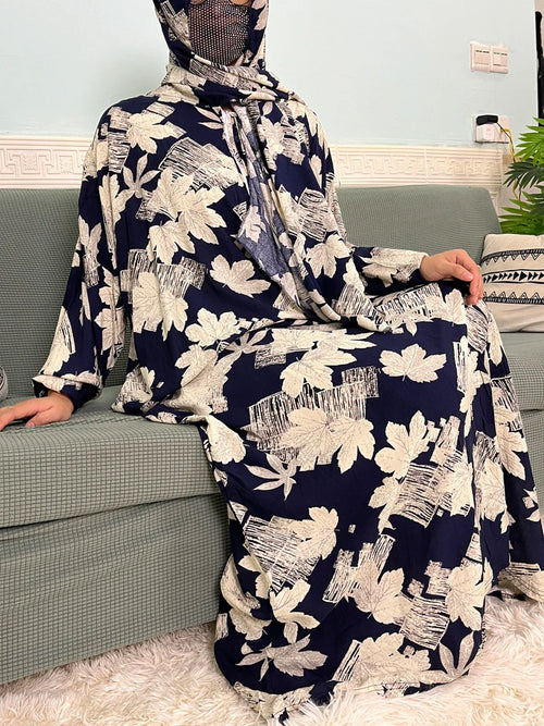 Women's Traditional Floral Ramadan Muslim Cotton Abayas Garment with attached Headscarf