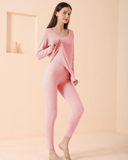 Women's Seamless Thermal Underwear Set Winter Warm Comfortable Solid Lingerie Long Johns Sexy Knitted Polyester Elastane Blend