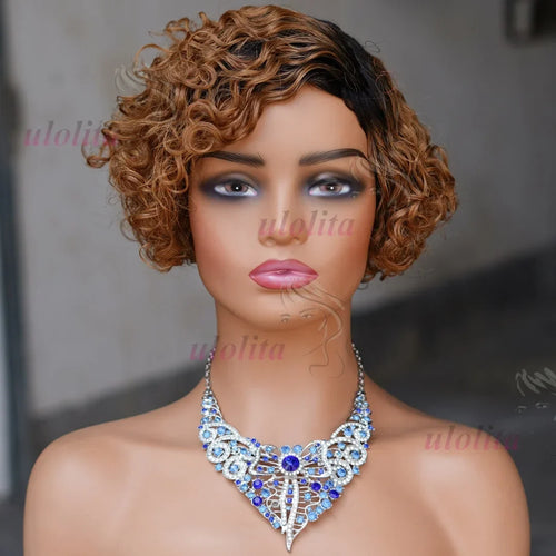 Ombre Blonde T1B27Pixie Cut Short Curly Bob Side Part Non Lace Front 100%