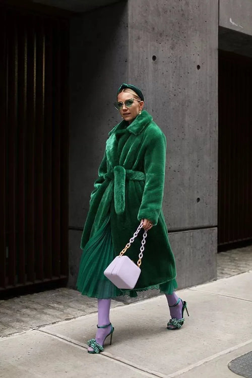 Luxury Lace Up Faux Fur Coat Women Chic Lapel Full Sleeve Fluffy Loose Warm Long Jacket Lady Winter Daily Highstreet Outerwears
